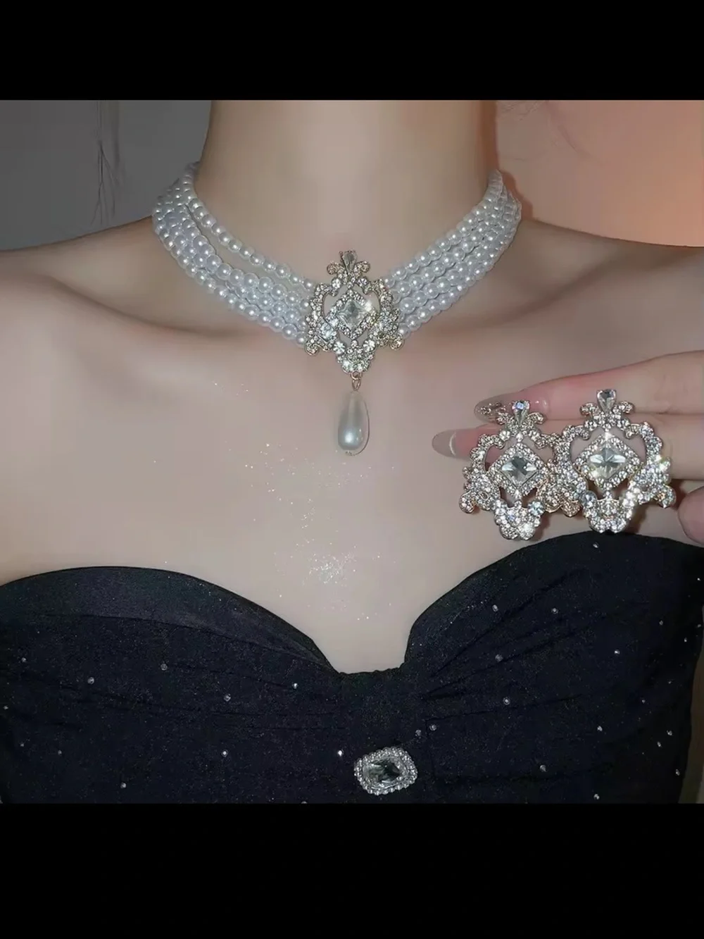 White Pearl Multi-Strand Necklace and Earring set with Gold and Crystal Pendant